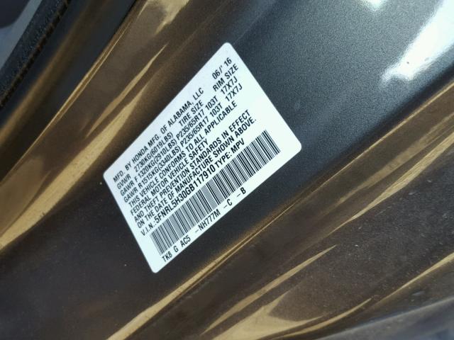 5FNRL5H30GB117910 - 2016 HONDA ODYSSEY SE GRAY photo 10