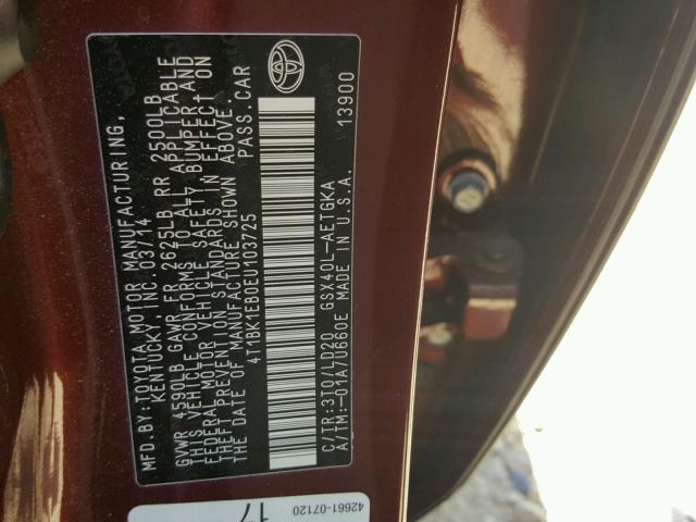 4T1BK1EB0EU103725 - 2014 TOYOTA AVALON BAS ბურგუნდია ფოტო 10