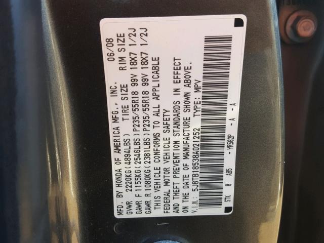 5J8TB18538A021252 - 2008 ACURA RDX TECHNO GRAY photo 10