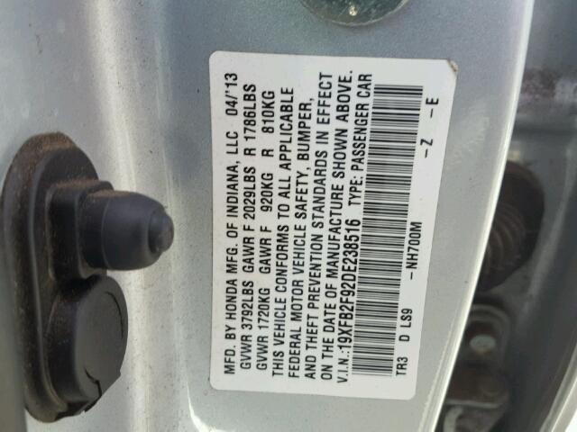 19XFB2F92DE238516 - 2013 HONDA CIVIC EXL SILVER photo 10