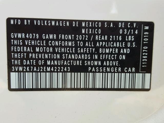 3VW2K7AJ2EM422243 - 2014 VOLKSWAGEN JETTA BASE 白色 照片 10
