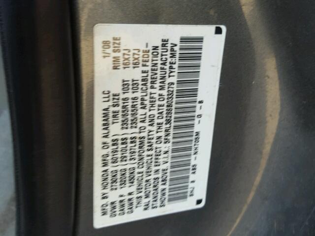 5FNRL38288B033279 - 2008 HONDA ODYSSEY LX GRAY photo 10