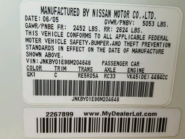 JNKBY01E96M204646 - 2006 INFINITI M45 BASE WHITE photo 10