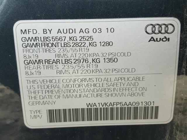 WA1VKAFP5AA091301 - 2010 AUDI Q5 PRESTIG BLUE photo 10