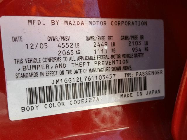 JM1GG12L761103457 - 2006 MAZDA SPEED 6 RED photo 10