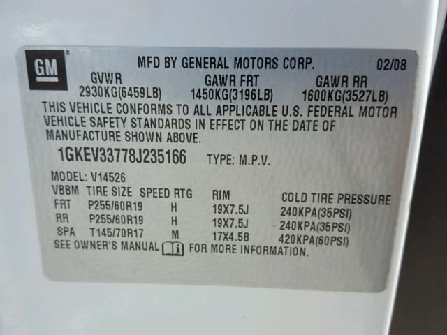 1GKEV33778J235166 - 2008 GMC ACADIA SLT თეთრი ფოტო 10