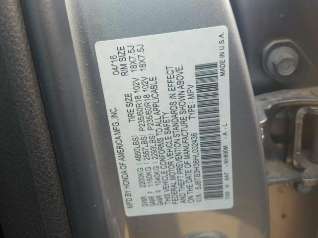 5J8TB3H38HL002436 - 2017 ACURA RDX BASE SILVER photo 10