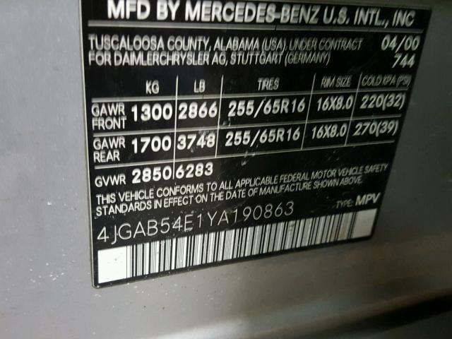 4JGAB54E1YA190863 - 2000 MERCEDES-BENZ ML 320 SILVER photo 10