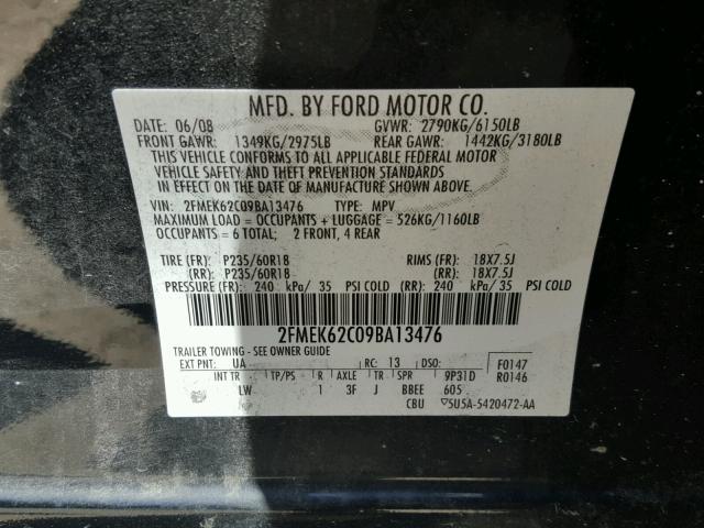 2FMEK62C09BA13476 - 2009 FORD FLEX SEL შავი ფოტო 10
