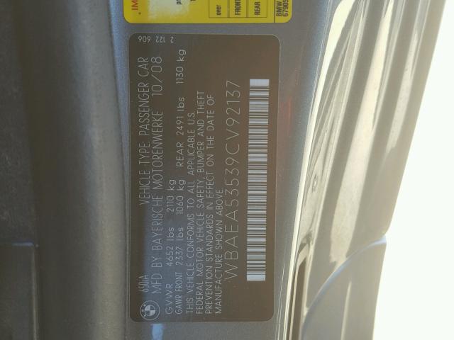 WBAEA53539CV92137 - 2009 BMW 650 I GRAY photo 10