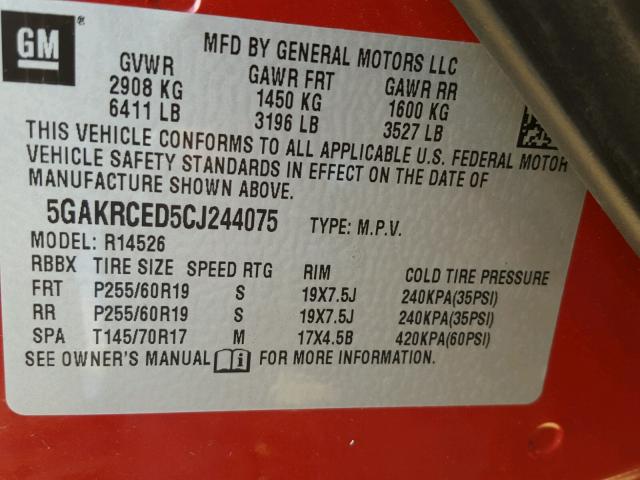 5GAKRCED5CJ244075 - 2012 BUICK ENCLAVE RED photo 10
