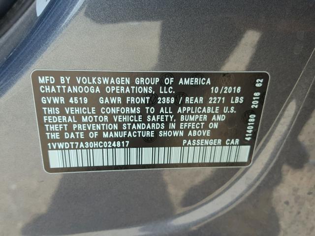 1VWDT7A30HC024817 - 2017 VOLKSWAGEN PASSAT R-L GRAY photo 10