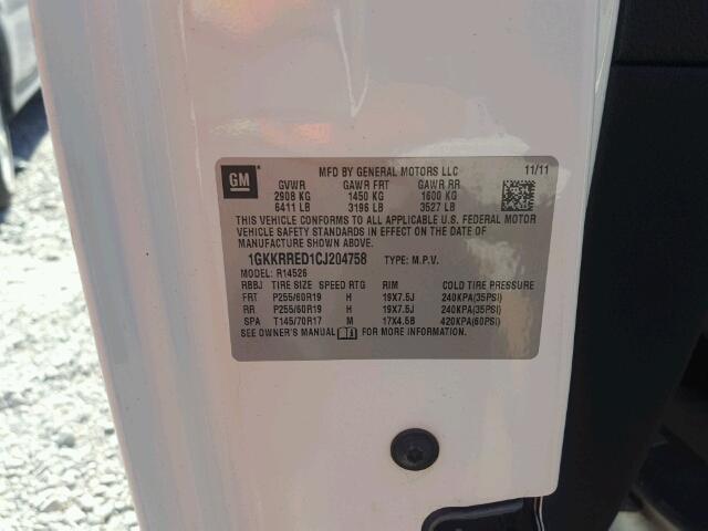 1GKKRRED1CJ204758 - 2012 GMC ACADIA SLT თეთრი ფოტო 10