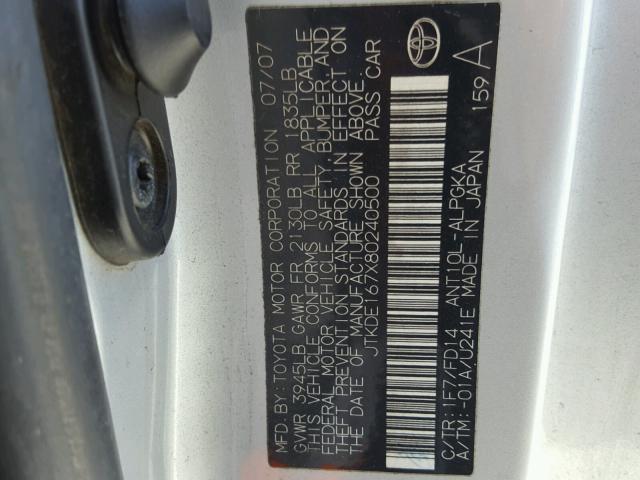 JTKDE167X80240500 - 2008 TOYOTA SCION TC 银色 照片 10