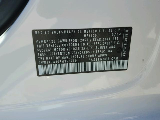 3VW1K7AJ0FM356790 - 2015 VOLKSWAGEN JETTA BASE 白色 照片 10