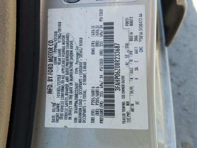 3FAHP06Z08R233687 - 2008 FORD FUSION S SILVER photo 10