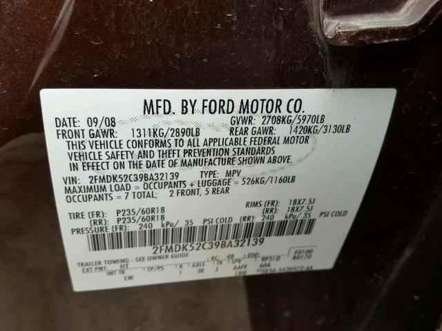 2FMDK52C39BA32139 - 2009 FORD FLEX SEL მუქწითელი ფოტო 10