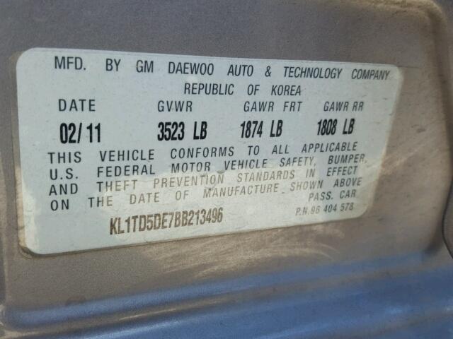 KL1TD5DE7BB213496 - 2011 CHEVROLET AVEO LS SILVER photo 10