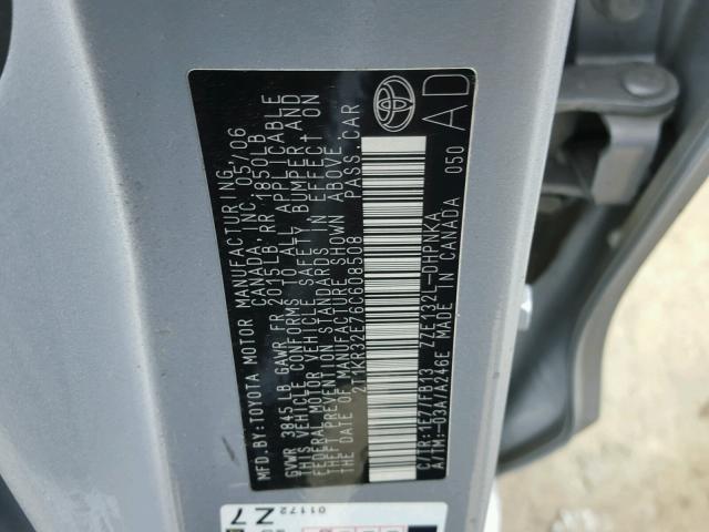 2T1KR32E76C608508 - 2006 TOYOTA COROLLA MA SILVER photo 10