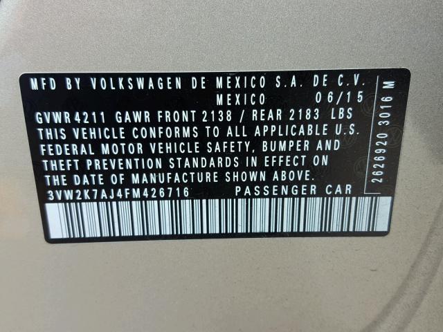 3VW2K7AJ4FM426716 - 2015 VOLKSWAGEN JETTA BASE 米色 照片 10