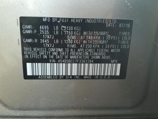 4S4BSBCC7F3362284 - 2015 SUBARU OUTBACK 2. SILVER photo 10