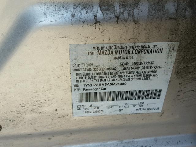 1YVHZ8BH5A5M21480 - 2010 MAZDA 6 I ვერცხლისფერი ფოტო 10