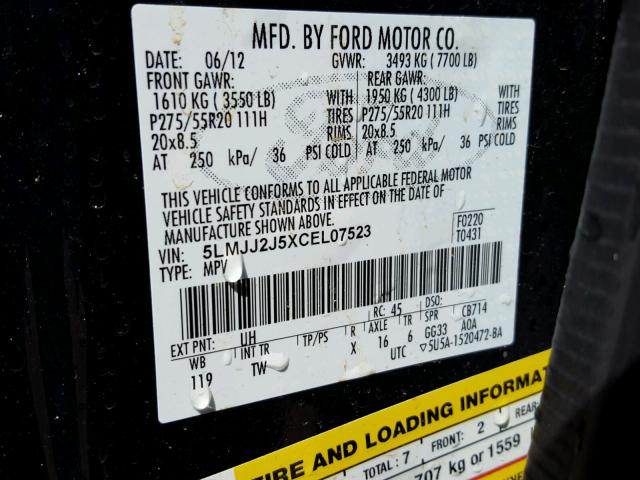 5LMJJ2J5XCEL07523 - 2012 LINCOLN NAVIGATOR 黑色 照片 10