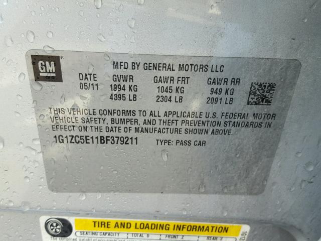 1G1ZC5E11BF379211 - 2011 CHEVROLET MALIBU 1LT 银色 照片 10