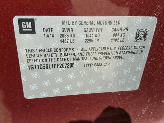 1G11C5SL1FF207205 - 2015 CHEVROLET MALIBU 1LT 勃艮第红 照片 10