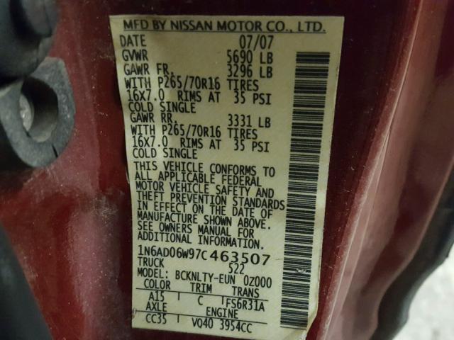 1N6AD06W97C463507 - 2007 NISSAN FRONTIER K RED photo 10