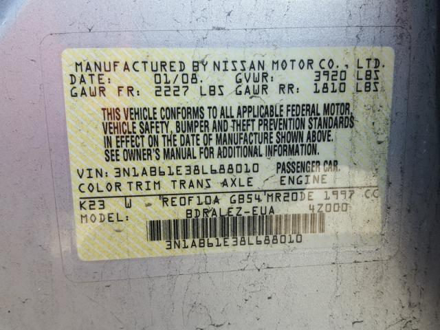 3N1AB61E38L688010 - 2008 NISSAN SENTRA 2.0 GRAY photo 10