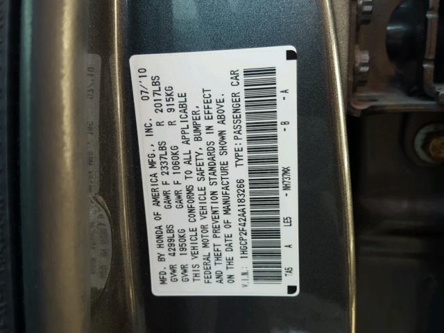 1HGCP2F42AA183266 - 2010 HONDA ACCORD LXP CHARCOAL photo 10