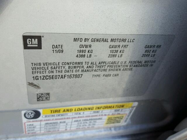 1G1ZC5E07AF167807 - 2010 CHEVROLET MALIBU 1LT 银色 照片 10