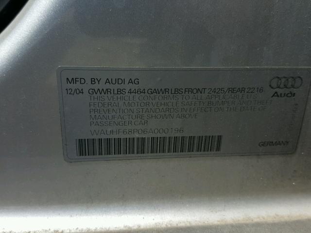 WAUHF68P06A000196 - 2006 AUDI A3 2 SILVER photo 10