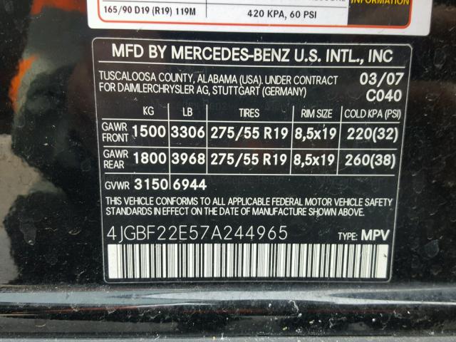 4JGBF22E57A244965 - 2007 MERCEDES-BENZ GL 320 CDI BLACK photo 10