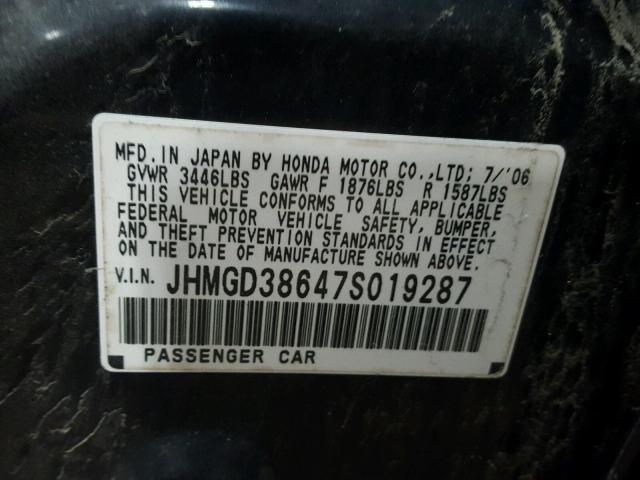 JHMGD38647S019287 - 2007 HONDA FIT S BLACK photo 10