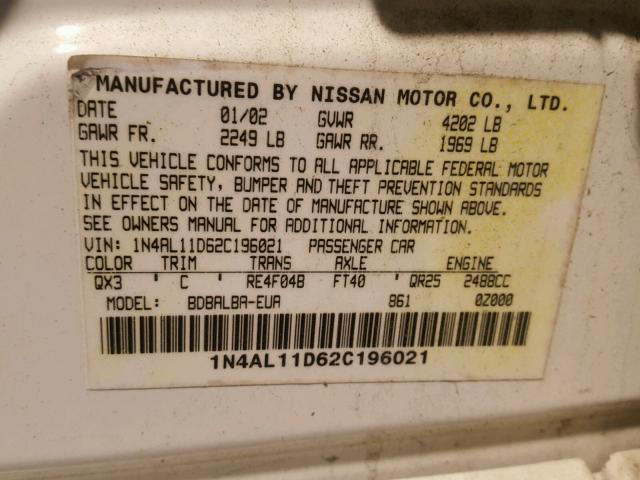 1N4AL11D62C196021 - 2002 NISSAN ALTIMA BAS WHITE photo 10