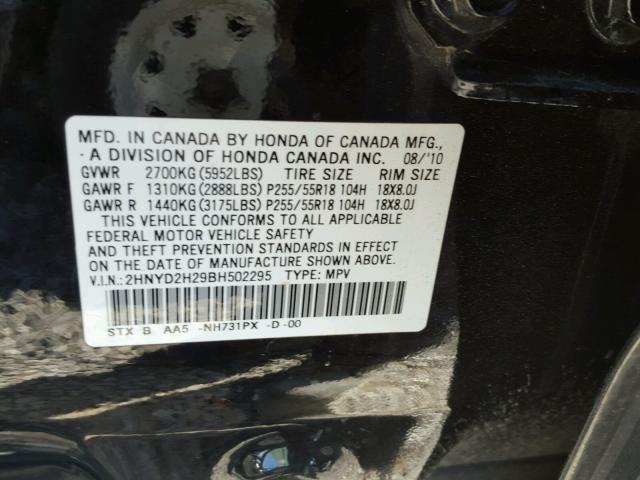 2HNYD2H29BH502295 - 2011 ACURA MDX BLACK photo 10