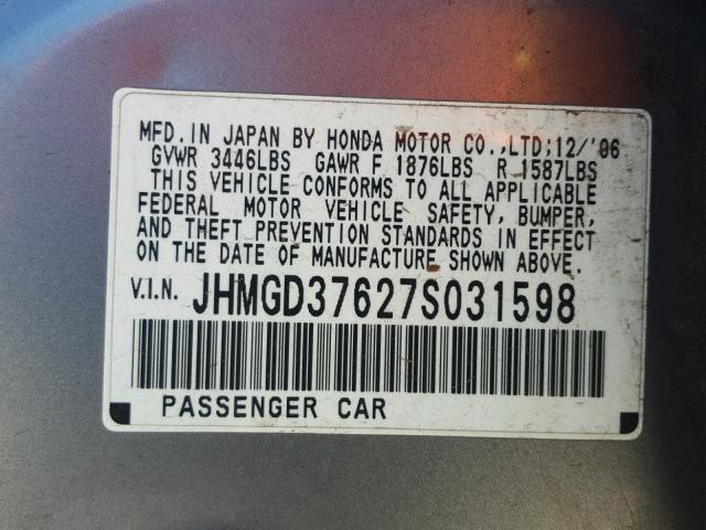 JHMGD37627S031598 - 2007 HONDA FIT S SILVER photo 10