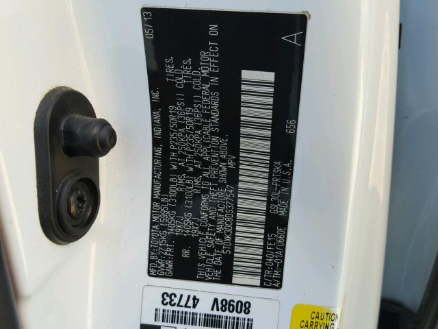 5TDXK3DC8DS377547 - 2013 TOYOTA SIENNA SPO WHITE photo 10