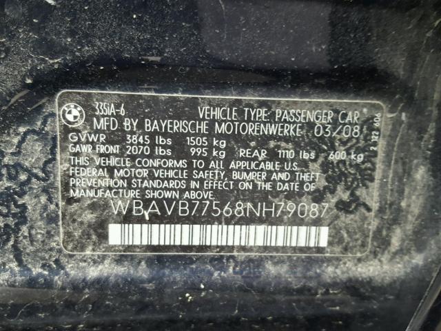 WBAVB77568NH79087 - 2008 BMW 335 I BLUE photo 10