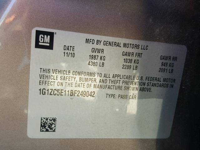 1G1ZC5E11BF249042 - 2011 CHEVROLET MALIBU 1LT 灰色 照片 10