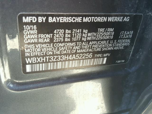 WBXHT3Z33H4A52256 - 2017 BMW X1 XDRIVE2 GRAY photo 10