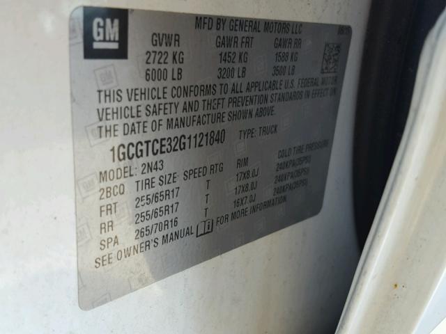 1GCGTCE32G1121840 - 2016 CHEVROLET COLORADO L WHITE photo 10