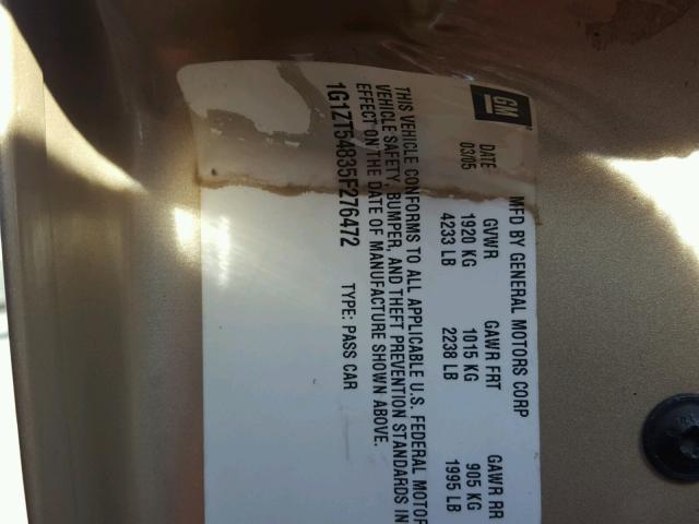 1G1ZT54835F276472 - 2005 CHEVROLET MALIBU LS 金色 照片 10