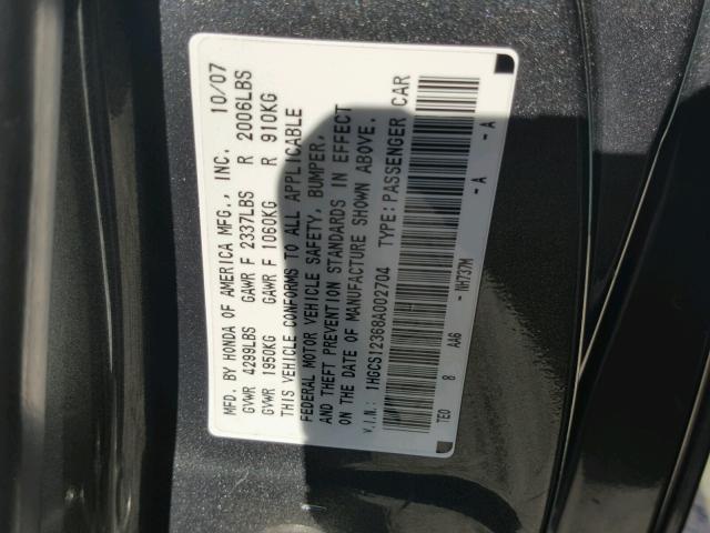 1HGCS12368A002704 - 2008 HONDA ACCORD LX- GRAY photo 10