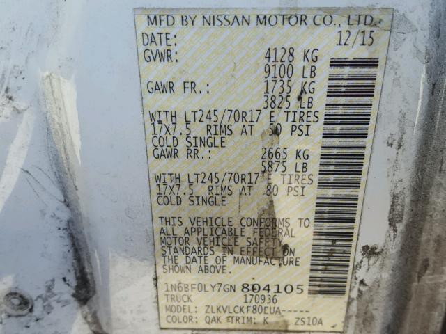 1N6BF0LY7GN804105 - 2016 NISSAN NV 2500 S WHITE photo 10