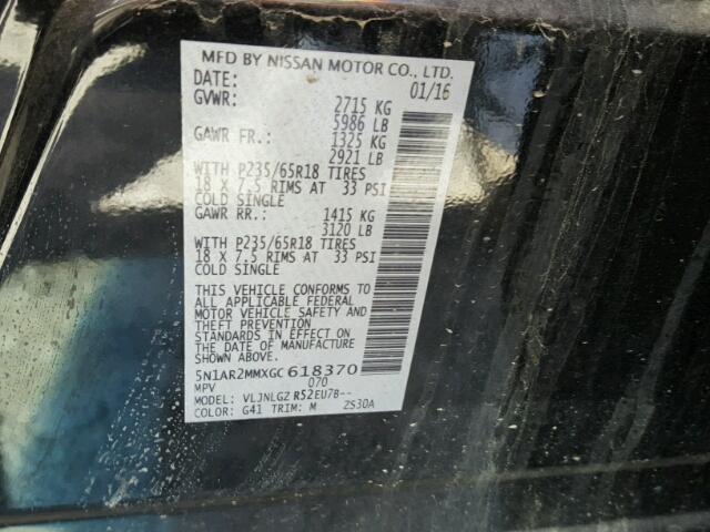 5N1AR2MMXGC618370 - 2016 NISSAN PATHFINDER BLACK photo 10