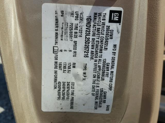 1GNDV23L25D267216 - 2005 CHEVROLET UPLANDER L 金色 照片 10