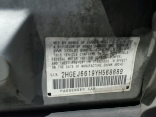 2HGEJ6619YH568889 - 2000 HONDA CIVIC BASE SILVER photo 10